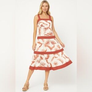 By The River Tropical Leaf Tiered Midi Dress – Size Small